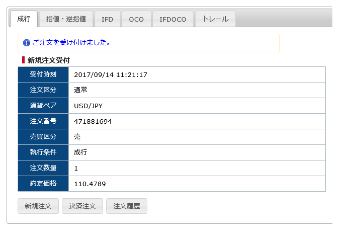 SBI(FXトレード)の注文確認画面
