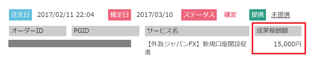 外為ジャパンFXの自己アフィリエイトでの成果確定画像
