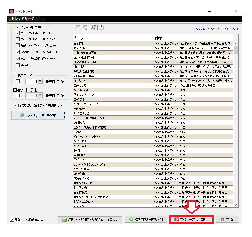 キーワードスカウターstを使ってトレンドワードを取得した結果