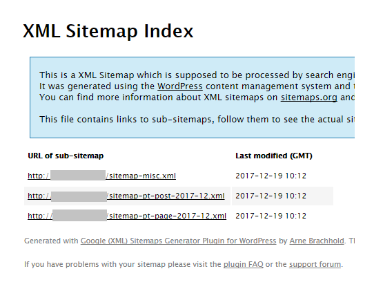 「Google XML Sitemaps」でのサイトマップ作成完了画面