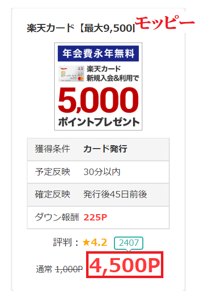 モッピーで自己アフィリした場合の楽天カードの報酬額